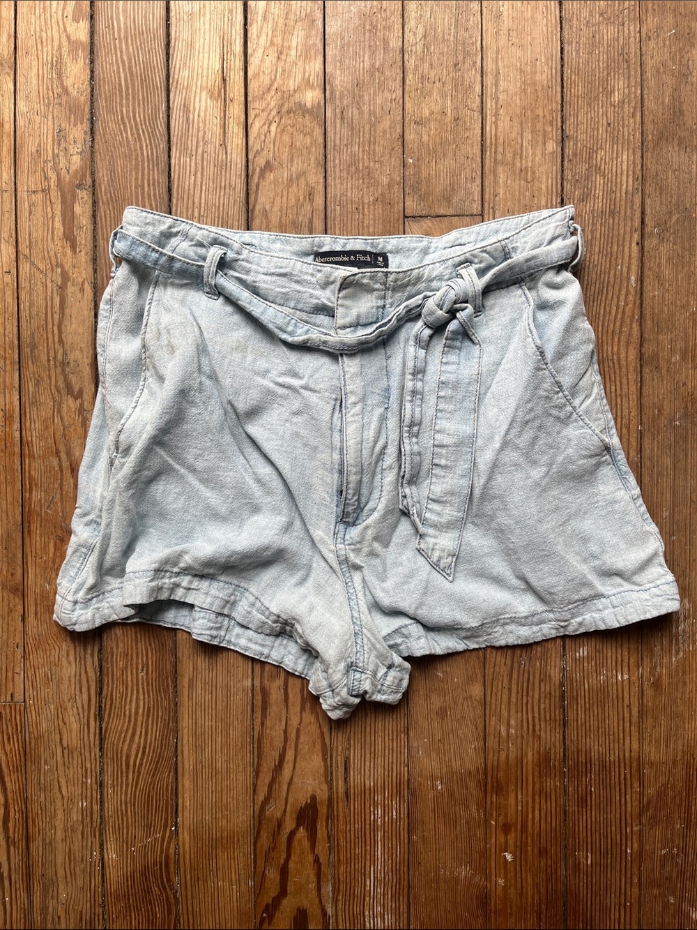 Abercrombie & Fitch Pale Blue High-Waist Linen-Blend Women’s Shorts with Tie